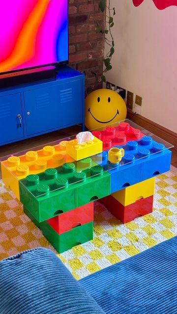 mr harry white on Instagram: "who said coffee tables can’t be fun?🤠✨ made a lego coffee table in my favourite colours! 💙  #asmr #asmrsounds #legocoffeetable #lego #legodiy #colourfulhome #maximalism" Diy Lego Coffee Table, Lego Coffee Table, Lego Home Decor, Legos Aesthetic, Lego Furniture Ideas, Fun Coffee Table, Lego Studio, Lego Table Diy, Sf Apartment