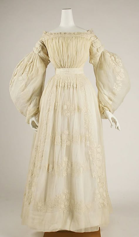 Wedding Dress    Date:      ca. 1837  Culture:      French  Medium:      cotton  Dimensions:      Length: 49 in. (124.5 cm)  Credit Line:      Gift of Mrs. R. T. Auchmuty, 1915  Accession Number:      15.149.1a–c Cotton Wedding Dresses, 1830s Fashion, Vintage Wedding Gowns, 1800s Fashion, Cotton Wedding, Romantic Era, Historic Fashion, Edwardian Dress, 19th Century Fashion