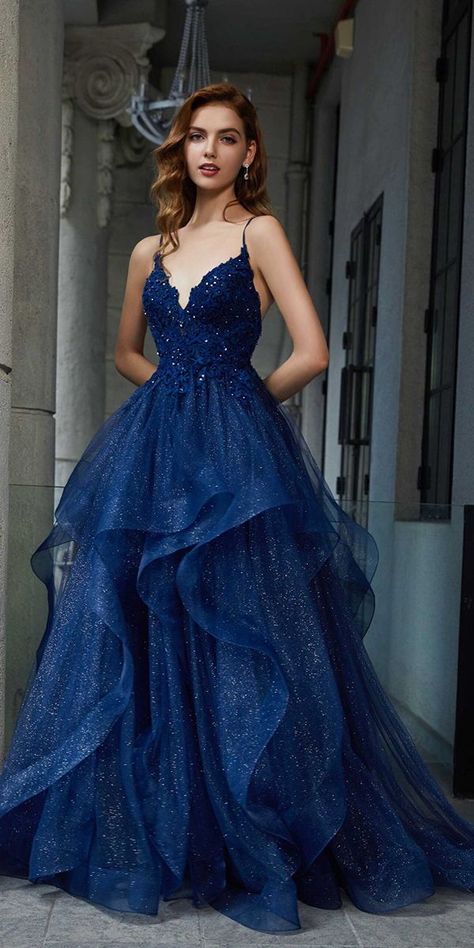 15 Dreamy Blue Wedding Dresses To Inspire :heart: navyblue wedding dresses ball gown with spaghetti straps lace top ruffled skirt digiobridal :heart: #weddingdresses #bridaldresses #weddinggown Blue Grad Dresses, Navy Blue Wedding Dress, Blue Wedding Dress Royal, Minimal Stil, Blue Wedding Gowns, Deb Dresses, Blue Ball Gowns, Stunning Prom Dresses, Blue Wedding Dresses