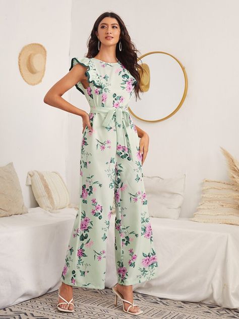 Free Returns ✓ Free Shipping On Orders $49+ ✓. Ruffle Armhole Belted Floral Print Jumpsuit- Jumpsuits at SHEIN. Styled Outfits, Floral Print Jumpsuit, Print Jumpsuit, Long Romper, Boho Green, Floral Jumpsuit, Printed Jumpsuit, Floral Romper, Shein Style