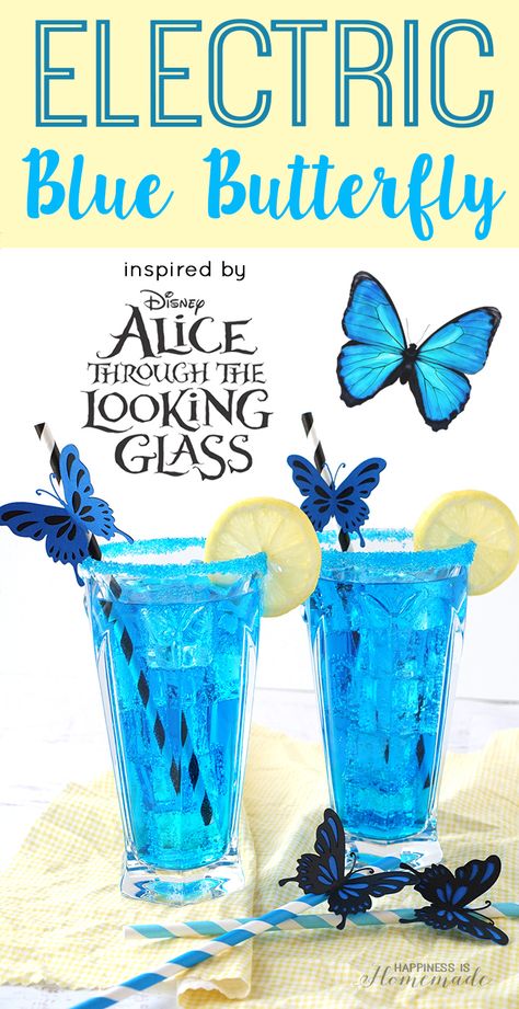 Electric Blue Butterfly Cocktail & Mocktail - YUM! This electric blue cocktail, inspired by Alice Through the Looking Glass, is a refreshing blend of lemonade, vodka, blue curacao and 7-Up! - Happiness is Homemade Butterfly Cocktail, Disney Cocktails, Vodka Blue, Disney Drinks, Blue Drinks, Happiness Is Homemade, Cocktail And Mocktail, Boozy Drinks, Blue Cocktails