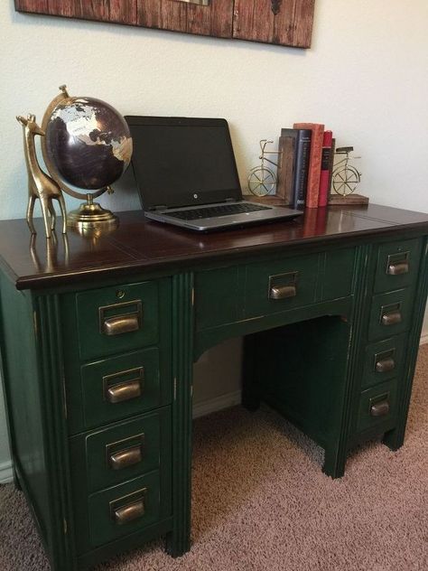 Refurbished Desk, Desk Makeover Diy, Desk Redo, Green Desk, Painted Desk, Old Library, Old Desks, Card Catalog, Desk Makeover