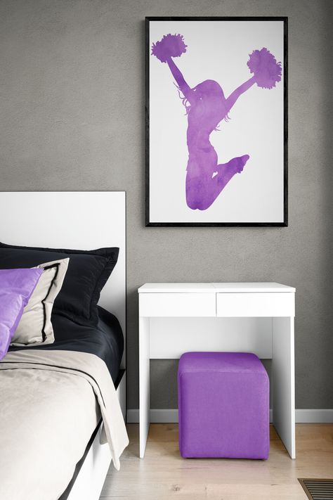 This design features a female cheerleader with pom-poms silhouette in a jumping position in purple watercolor. Cheerleading Room Ideas, Cheerleader Room Ideas, Cheerleader Bedroom Ideas, Cheer Room Ideas Bedrooms, Cheerleading Bedroom Ideas, Gymnastics Bedroom Ideas, Cheerleading Room, Cheerleader Bedroom, Cheerleading Bedroom