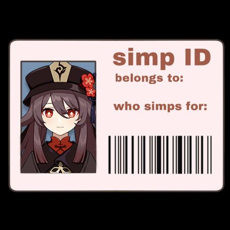 Genshin Simp Card, Hutao Namecard, Simp Card, Genshin Cosplay, Anime Games, Fake Money, Hu Tao, I'm A Simp, Cartoon Art Styles