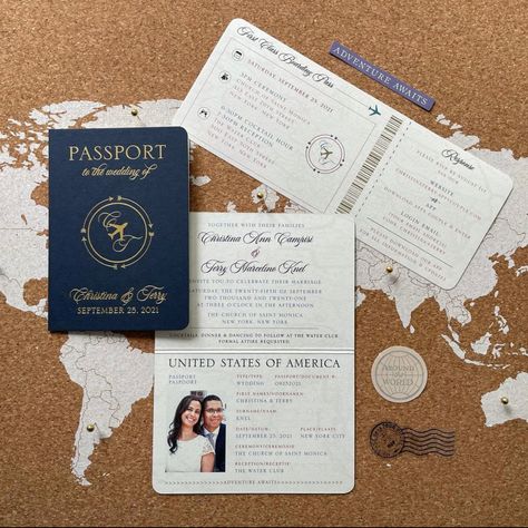 Airplane Wedding Invitations, Airplane Wedding, Royal Blue Wedding Theme, Unique Wedding Cards, Passport Invitations, Passport Wedding Invitations, Cruise Wedding, Wedding Invitation Card Design, Custom Envelopes