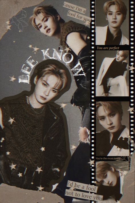 Vintage stamped floral lee know stray kids stars film strip photoshoot Lee Know Wallpaper Collage, Kpop Collage, Kpop Wall, Tan Wallpaper, Pop Wallpaper, Art Collages, Skz Wallpaper, Binder Cover, Scrapbook Book