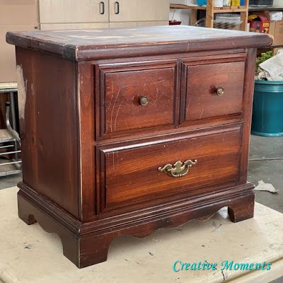 Rooms With Painted Furniture, How To Refinish Nightstand, Redo Nightstand Diy Ideas, 80s Nightstand Makeover, 80s Furniture Bedroom, Refinish Nightstand Diy, Refurbish Nightstand Ideas, Refinishing Nightstand Ideas, 80s Furniture Makeover