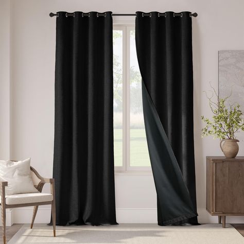 PRICES MAY VARY. Blackout Curtains: Package include 2 Black curtain panel of 54" wide x 96" length with 8 matte silver finished grommets top each. Premium quality fabric without liner feels soft and heavy. A touch of classic modernity mixed texture, these blackout drapes style your home in a modern look Effective Light Blocking: Made of substantial fabric, our full blackout curtain feature a densly woven backing for effective light and heat control. They can block out bright sunlight, soften out 96 Inch Curtains, Luxury Window Treatments, Bedroom Linen, Traditional Style Homes, Curtains For Bedroom, Insulated Curtains, Curtains For Living Room, Drape Panel, Blackout Drapes