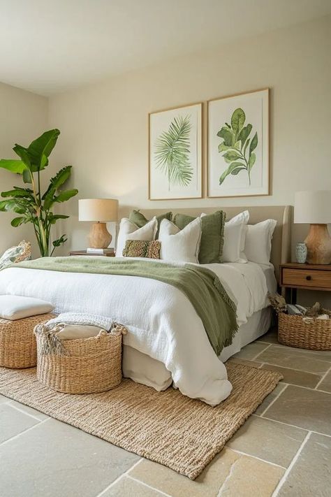 Natural Comfort: 40 Organic Modern Bedroom Designs You'll Love Tropical Master Bedrooms Decor, Beige And Brown Bedroom Ideas, Brown Bedroom Ideas, Organic Modern Bedroom, Organic Modern Style, Modern Boho Bedroom, Taupe Walls, Earthy Bedroom, Green Sheets