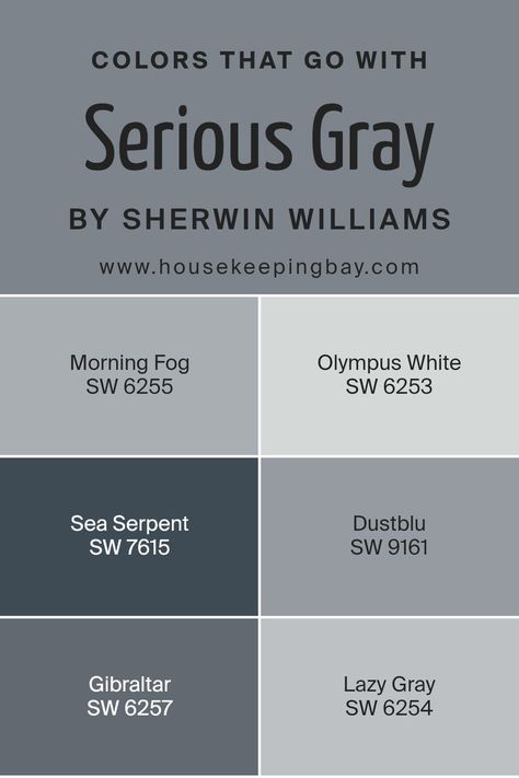 Colors that Go With Serious Gray SW 6256 by Sherwin Williams Paint Colors That Go With Dorian Gray, Gauntlet Gray Coordinating Colors, Aloof Gray Sherwin Williams, Sherwin Williams Serious Gray, Downing Slate, Grey Paint Palette, Sherman Williams Paint, Gray Sherwin Williams, Sherman Williams