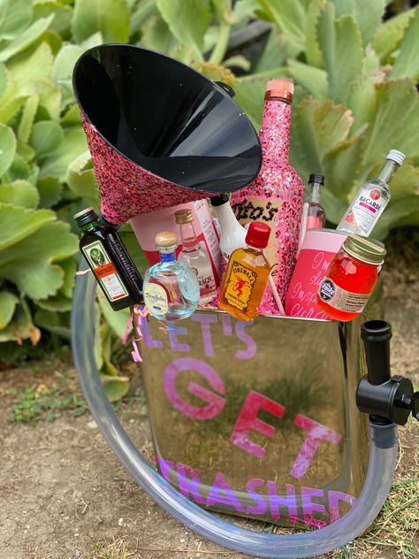 “Let’s get trashed” bin with custom beer bong, “I’m not slurring, im speaking in cursive” tumbler, and sparkle bottle of vodka Speaking In Cursive, Sparkle Bottle, Bottle Of Vodka, Beer Bong, Organic Branding, 21st Bday Ideas, Prop Rental, Beer Custom, In Cursive