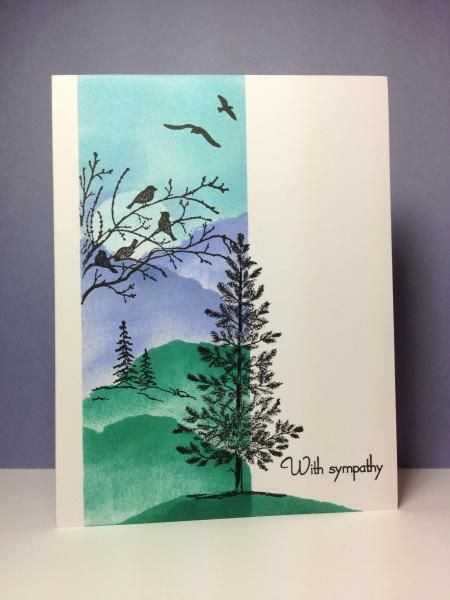 By beesmom at Splitcoaststampers. Mask white cardstock panel to expose vertical strip. Position torn copy paper for top of lower hill; sponge from torn paper to cardstock. Repeat for other hills. Sponge sky. In black ink, stamp birds from "Serene Silhouettes" (Stampin' Up) and small trees from "Life Is Good" (Gina K Designs). Remove mask. Stamp large pine from "Lovely as a Tree" (Stampin' Up). Sponge hill under large tree. Add sentiment. Serene Silhouettes, Lovely As A Tree, Mask White, Silhouette Cards, Tree Stamp, Nature Card, Karten Design, Copy Paper, Tree Cards