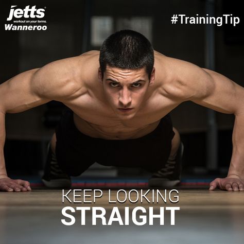 Remember to keep your head looking slightly ahead of you, and not straight down, when performing push ups. This will help keep your body in line and maintain the correct form #TrainingTip Gym Graphics, Hiit Workouts For Men, 300 Workout, Push Up Workout, Body Weight Training, Men's Health Fitness, Chest Workouts, Push Ups, Kettlebell Workout