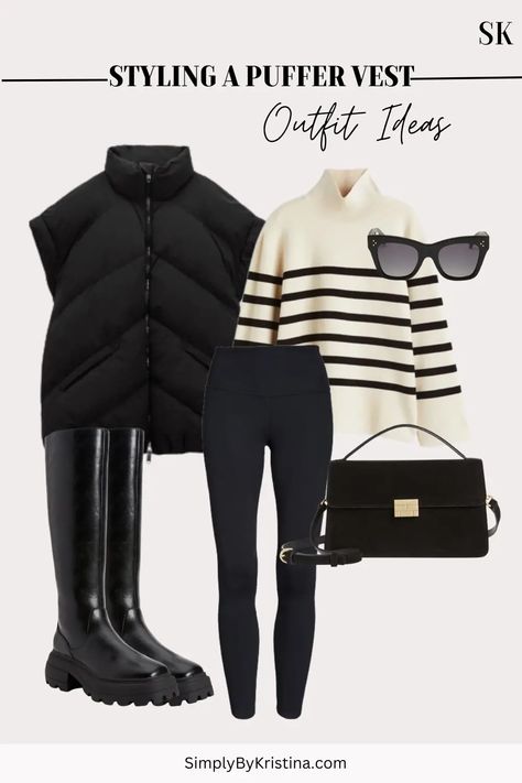 5 Ways To Style An Oversized Puffer Vest - SimplyByKristina Casual And Stylish Outfits, Oversize Puffer Vest, Winter Outfits For Work Women, Sweater Outfit Inspiration, Rainy Day Outfit Women Casual, Women Vest Outfits Winter, Fall Easy Outfits, Leggings 2023 Street Style, Styling Leggings Winter