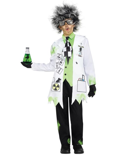 Mad Scientist Crazy Inventor Professor Lab Coat Book Week Child Boys CostumeLet your child's imagination run wild,  pretending to conduct their own crazy experiments! This great Mad Scientist Costume may be perfect for them! Includes a printed,  ragged hemmed Lab Coat,  Green Shirt Front,  Checked Tie,  Black Pants with green stains,  and Black Gloves with more green stains! Glasses,  wig,  and beaker are not included. Add your own fun accessories.Description:Available in Size:  6, 10.Item inclu Mad Scientist Halloween Costume, Mad Scientist Costume, Scientist Costume, Mad Scientist Halloween, Party City Costumes, White Lab Coat, Halloween Costume Shop, Boy Halloween Costumes, Fun World