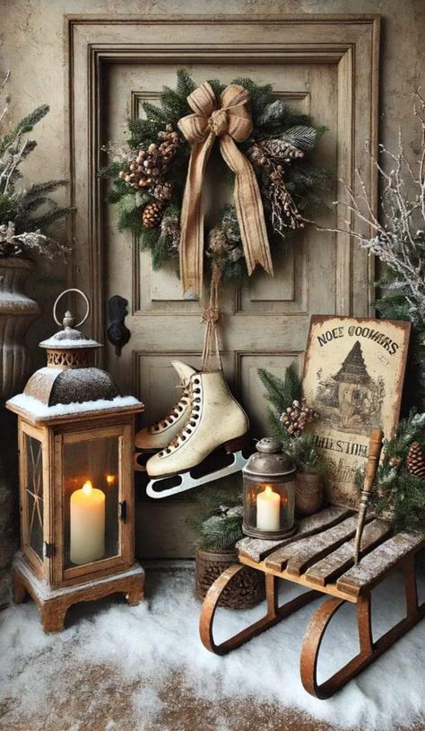 Vintage Sled Christmas Decor Porch, Ladders Decorated For Christmas, Vintage Sleigh Christmas Decor, Christmas Decorating With Bells, Ice Skate Decor, Decorated Sleds For Christmas, Wooden Sleds Christmas Decor, Antique Sled Decor Ideas, Wooden Sleigh Christmas Decor