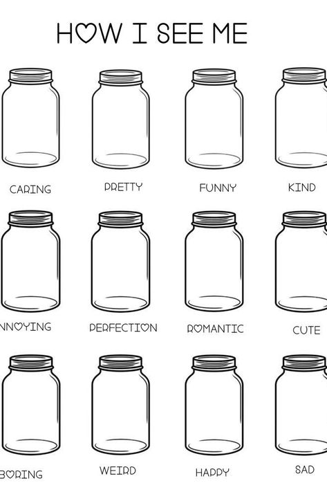 A template saying "how I feel about me" with jars that have various labels for you to fill in Happiness Template, Jar Of Happiness Template, Tiktok Templates, Fill The Jars Template, Happy Jar, See Me, Bullet Journal, I Love, Wallpapers