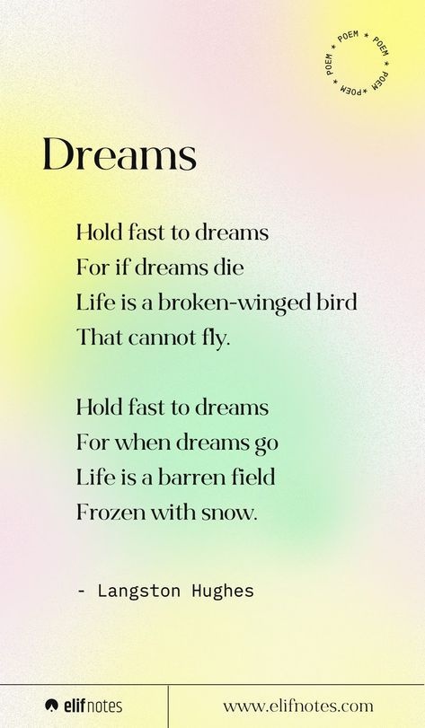 Poems About Students, Poems On Dreams, Poem About Dreams In Life, English Poem For Magazine, Dreams Langston Hughes, Poems About Dreams Inspiration, Self Written Poems In English, Short Poem In English, Poems That Rhyme Student