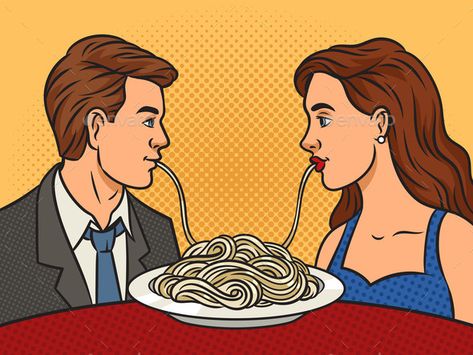 Couple in Love Eating Pasta Pop Art Vector Pop Art Couple Romantic, Pop Art Vector, Eating Pasta, Retro Vector Illustration, Illustration Comic, Pop Art Retro, Pasta Spaghetti, Pop Art Women, Couples Comics