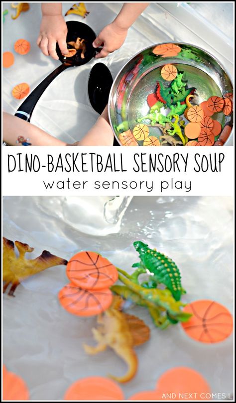 Fine motor water sensory play with dinosaurs and basketballs - inspired by the children's book Dino-Basketball from And Next Comes L Dinosaurs Activities, Water Sensory Play, Water Play For Kids, Dinosaur Stuff, Sports Crafts, Diy Sensory, Fetal Alcohol, Teacher Board, Simple Activities