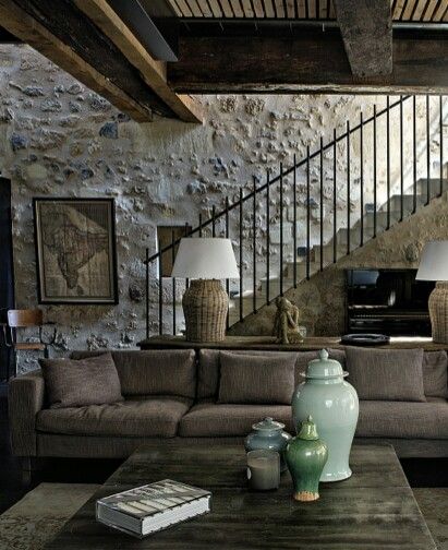 Living room Rustic Stairs, Cozy Living Spaces, Lounge Decor, Style At Home, Stone Houses, Cozy Living, Cozy Living Rooms, Home Fashion, Stone Wall