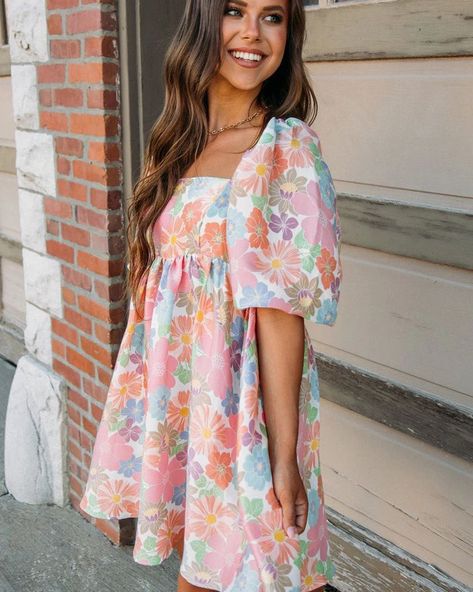 Puff Sleeve Babydoll Dress, Rosé Summer, Vestidos Color Rosa, Floral Squares, Square Neck Dress, Pink Summer, Puffed Sleeves Dress, Summer Floral, Babydoll Dress