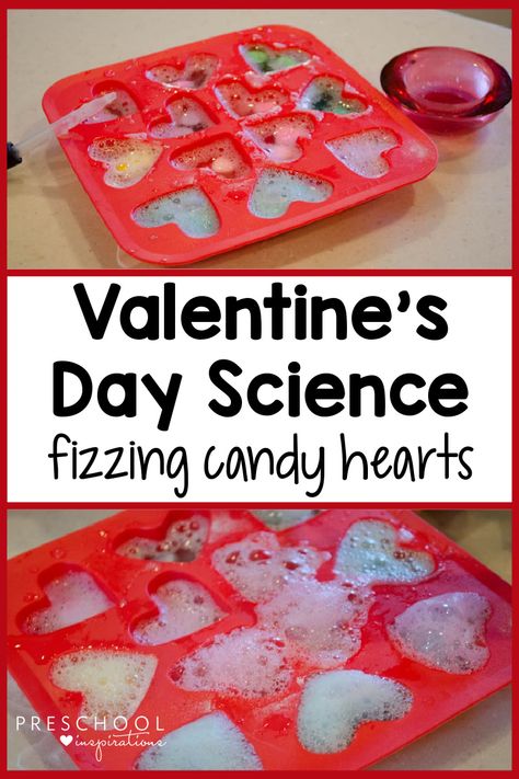 February Dramatic Play, Fizzy Painting, Conversation Hearts Activities, Candy Hearts Activities, Valentine Science Activities, Science Projects For Preschoolers, Preschool Friendship, Valentine's Day Snacks, Science Center Preschool