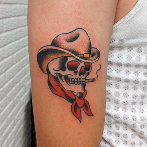 Cowboy Tattoos For Men, Cowboy Hat Tattoo, Traditional Skull, Cowboy Tattoo, Cowboy Skull, Boys With Tattoos, Cowboy Tattoos, Tattoos Traditional, Ankle Tattoo Designs