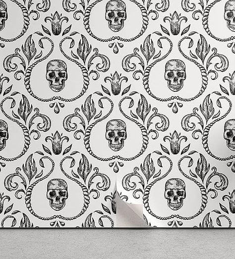 #ad Lunarable Skull Peel & Stick Wallpaper for Home, Vintage Ornamental Skeleton Part Baroque Illustration Floral Arrangement, Self-Adhesive Living Room Kitchen Accent, 13" x 36", Dark Charcoal Black Goth Home Floral Skull Wallpaper, Baroque Illustration, Remodeling Camper, Wall Stamp, Skeleton Parts, Simple Skull, Wallpaper For Home, Goth Wallpaper, Goth Home