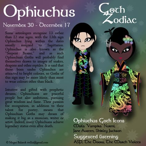 Ophiuchus Personality, Goth Zodiac, 13th Zodiac Sign, Ophiuchus Zodiac, Types Of Goth, Zodiac Cusp, Goth Subculture, Signs Of The Zodiac, Zodiac Society