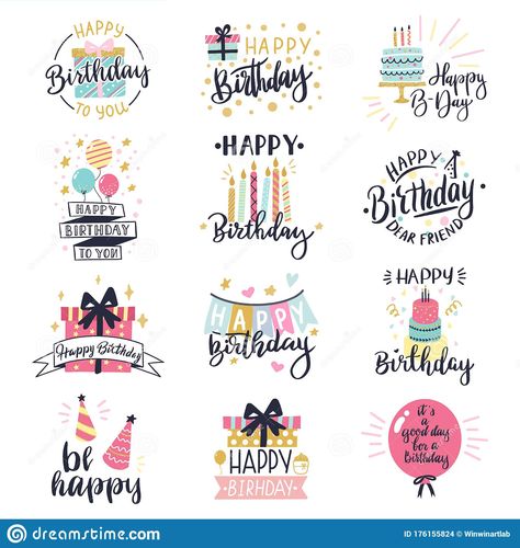 Lettering Cake, Happy Birthday Hand Lettering, Happy Birthday Logo, Happy Birthday Stickers, Cake Balloons, Birthday Doodle, Birthday Logo, Happy Birthday Printable, Happy Birthday Design