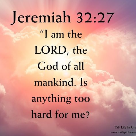 Start Your Day Right Devotion IS ANYTHING TOO HARD FOR ME? ​JEREMIAH 32:27 With the Babylonians about to breach, or break, the city walls, the future looked bleak...Continue Reading. https://www.tailspinfarms.com/life-in-grace/is-anything-too-hard-for-me-jeremiah-3227#/ #tailspinfarmslifeingrace #jeremiah32v27 #jeremiah #is #anything #too #hard #for #me #continuereading #dailydevotion #share Jeremiah 32:27, Life In Grace, Jeremiah 32, Jeremiah 31, Faith Is The Substance, Taste And See, The Lord Is Good, Daily Scripture, Names Of God