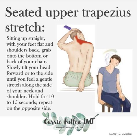 This is a neat way to use your chair to stretch the upper trapezius. 😌  Go slowly and if it hurts, stop.  Book quickly & easily online at: https://www.massagecp.com/book-appointment  Image sources:  https://www.besthealthmag.ca/best-you/stretching/upper-trapezius-stretch/ https://learnmuscles.com/glossary/upper-trapezius-stretching/ Stretching Upper Back, Trapizeus Muscle Stretch, Upper Trapezius Stretch, Stretches For Trapezius Muscle, Trapezius Stretch, Upper Back Pain Exercises, Shoulder Pain Exercises, Neck And Shoulder Exercises, Shoulder Stretches