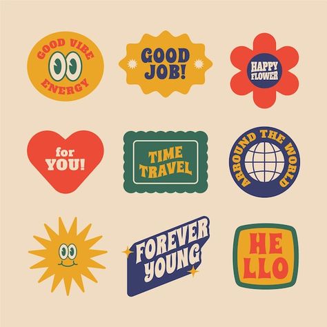 Retro Stickers Png, Retro Patch Design, Retro Label Design, Retro Sticker Design, Vintage Sticker Design, Hippie Lettering, Sticker Graphic Design, Retro Icons, 90s Graphic Design