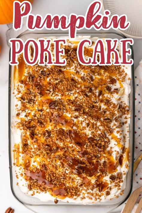 Pumpkin Poke Cake – The easiest fall cake recipe! Made with yellow boxed cake mix and pumpkin puree that is prepared and then holes are poked into it that are filled with sweetened condensed milk and all of your favorite toppings. This cake is easy to make and each bite tastes like fall! Pumpkin Cake Recipes | Poke Cake Recipes | Pumpkin Desserts | Fall Baking | Thanksgiving Desserts #pumpkin #cake #thanksgiving #fall Cake Mix And Pumpkin Puree, Yellow Cake Mix Desserts, Pumpkin Cake Recipes Easy, Fall Pumpkin Cake, Pumpkin Cake Mix, Pumpkin Poke Cake, Yellow Cake Mix Recipes, Pumpkin Dump Cake Recipe, Sweetened Condensed Milk Recipes