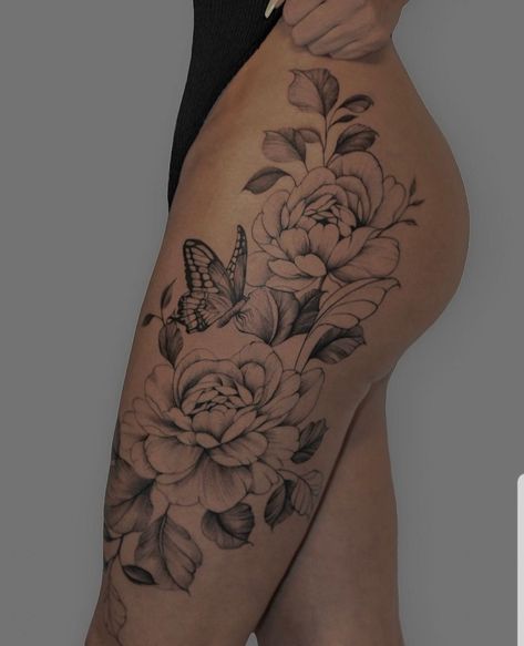 Tattoos For Single Women, Butterfly And Rose Tattoo For Women Leg, Upper Thigh Rose Tattoo, Tattoos For Women Thigh Unique, Back Tattoo Connected To Thigh, Rose Tattoo Legs Woman, Women Upper Leg Tattoo, Hip To Knee Tattoos Women, Red Thigh Tattoos Women