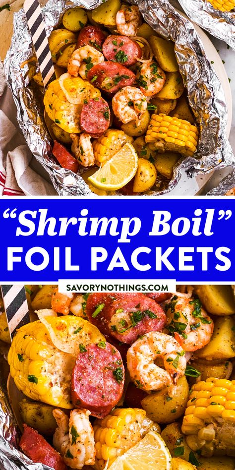 Shrimp Foil Packets Oven, Shrimp Boil Foil Packets, Smoked Sausage And Potatoes, Tin Foil Dinners, Shrimp Boil Foil, Foil Meals, Sausage And Potatoes, Foil Pack Dinners, Foil Packet Dinners