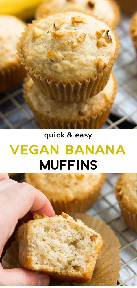 Quick & Easy Vegan Banana Muffins, made in just 1 bowl! SO fluffy and moist. #vegan #plantbased Vegan Banana Recipes Easy, Easy Vegan Muffins Healthy, Vegan Coconut Flour Banana Muffins, Healthy Vegan Breakfast Muffins, Easy Breakfast Ideas Vegan, Vegan Banana Cupcakes, Vegan Muffins Recipes, Healthy Vegan Muffins, Vegan Banana Recipes