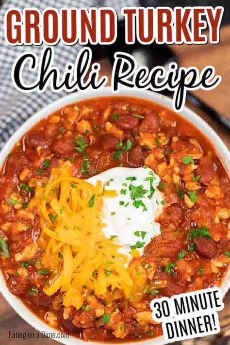 Ground turkey chili is a healthy, easy and frugal dinner idea. This ground turkey chili recipe easy stovetop recipe is the best! The best healthy quick ground turkey chili tastes great and is easy to make too! Everyone will love this simple healthy ground turkey chili recipe easy to make in one pot! #eatingonadime #chilirecipes #turkeyrecipes #onepotrecipes #dinnerrecipes Chili Recipe With Ground Turkey, Chili Recipe Ground Turkey, Ground Turkey Chilli, Colesterol Diet, Recipe Ground Turkey, Ground Turkey Chili Recipe, Gathering Recipes, Quick Chili Recipe, Turkey Chili Recipe Easy