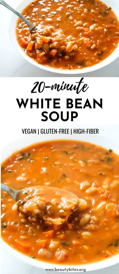 20-Minute Bean Soup - Cozy and Warming Vegan Recipe - Beauty Bites Healthy Bean Soup, Vegan Bean Soup, High Fiber Dinner, Inflammatory Meals, Soup Cozy, Easy Healthy Soup, Easy Vegan Soup, Vegan Bean, Rich Recipes