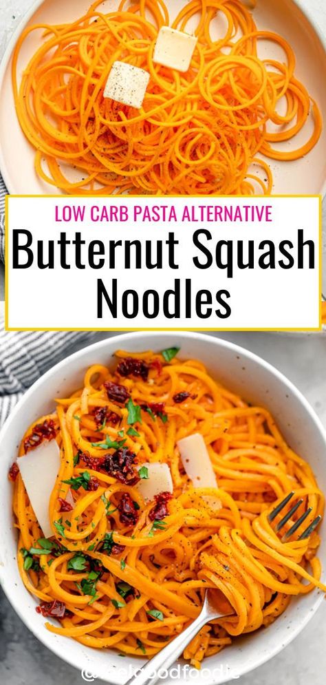 Butternut Squash Noodles are a fun colorful low-carb pasta alternative that you can swap in your favorite noodle recipe or enjoy on their own as a side dish Butternut Squash Noodles Spiralized, Optavia Butternut Squash Recipes, Butternut Squash Noodles Recipes Vegan, Butternut Squash Pasta Noodles, Butternut Squash Zoodles, Butternut Squash Spirals Recipes, Thm Butternut Squash Recipes, Spaghetti Butternut Squash Recipes, How To Cook Butternut Squash Noodles