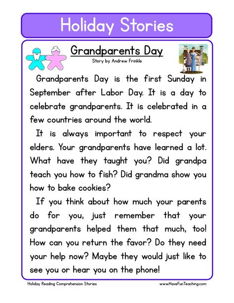 This Reading Comprehension Worksheet - Grandparents Day is for teaching reading comprehension. Use this reading comprehension story to teach reading comprehension. Second Grade Reading Comprehension, Holiday Reading Comprehension, Third Grade Reading Comprehension, Second Grade Reading, Reading Comprehension For Kids, Teaching Reading Comprehension, English Stories For Kids, Reading Comprehension Lessons, Teach Reading