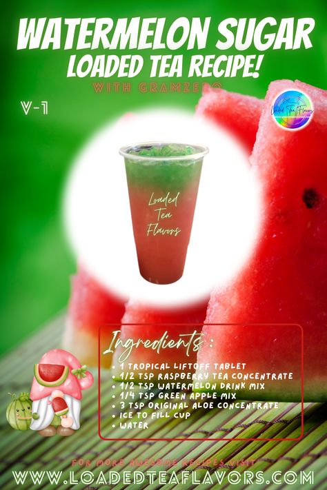 Herbalife Tea With Tropical Liftoff, Watermelon Blow Pop Herbalife Tea, Gummy Bear Loaded Tea Recipe, Tropical Lift Off Tea Recipes, Watermelon Tea Recipe, Herbalife Snacks, Refresher Drinks, Herbalife Tea Recipes, Herbalife Flavors