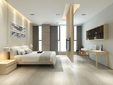 Wood White Bedroom, Bedroom With 2 Beds, Cream And White Bedroom, Bedroom Lighting Ideas, Modern Luxury Bedroom, Floor Lamp Bedroom, Hotel Room Design, Unusual Homes, Luxury Homes Interior