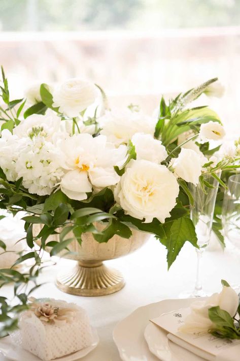 Low compote centerpiece bursting with white summer flowers including everyones favorite, peonies! | FLORA NOVA DESIGN SEATTLE Compote Floral Arrangement, Compote Centerpiece, Low Centerpieces, Private Estate Wedding, Wedding Reception Flowers, Wedding Vases, Reception Flowers, Wedding Flowers Summer, Floral Backdrop