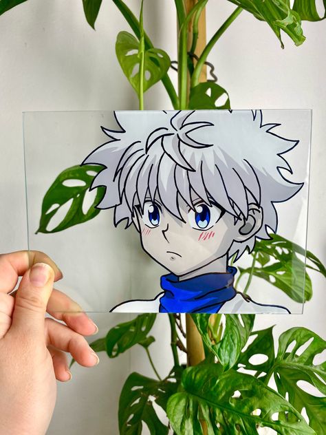 Anime Character Glass Painting, Killua Glass Painting, Glass Painting Art, Anime Glass Painting, Glass Paintings, Mini Canvas Art, Mini Canvas, Bottle Art, Doodle Drawings