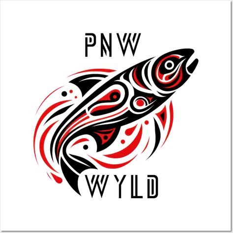 A Pacific Northwest inspired design of a salmon. The salmon is heavily influenced by the native american art of the Pnw. The design says "Pnw Wyld' -- Choose from our vast selection of art prints and posters to match with your desired size to make the perfect print or poster. Pick your favorite: Movies, TV Shows, Art, and so much more! Available in mini, small, medium, large, and extra-large depending on the design. For men, women, and children. Perfect for decoration. Formline Art Pacific Northwest, Salmon Art, Pnw Art, Pnw Style, Pacific Salmon, Native Artwork, Pacific Northwest Art, Lino Cuts, Ribbon Skirt