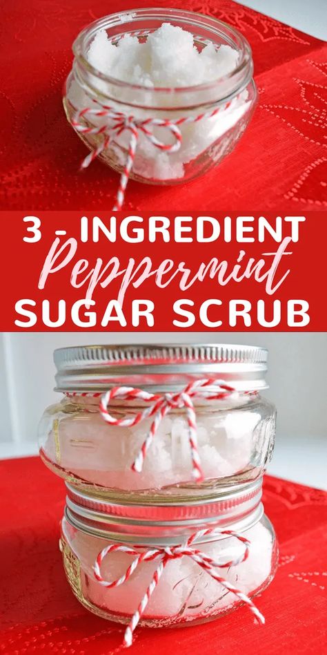 Christmas Sugar Scrubs, Sugar Scrub Diy Peppermint, Peppermint Scrub, Peppermint Sugar Scrub, Diy Body Scrub Recipes, Diy Sugar Scrub Recipe, Peppermint Sugar Scrubs, Body Scrub Recipe, Sugar Scrub Homemade