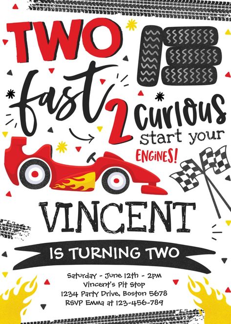 Race Car 2nd Birthday Party, Car 2nd Birthday Party, Two Fast 2 Curious, Two Fast Birthday Invitation, Two Fast Birthday, Red Race, Car Party, 2nd Birthday Party, Race Car Party