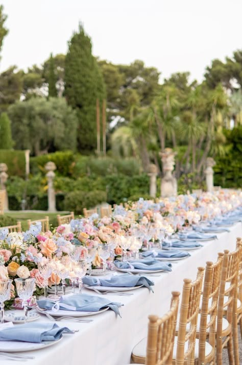 Blush Blue Wedding, Blue Wedding Table, Villa Ephrussi De Rothschild, Wedding Design Board, Villa Ephrussi, Pastel Wedding Theme, Blue And Blush Wedding, Wildflower Wedding Theme, Bamboo Chairs